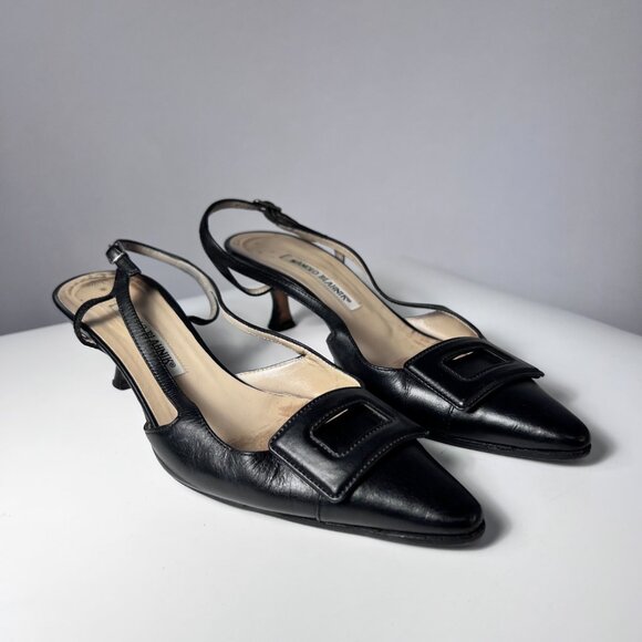 MANOLO BLALHNIK Black Maysli Buckle Slingback Pointed Toe Pumps 7US - Picture 2 of 7